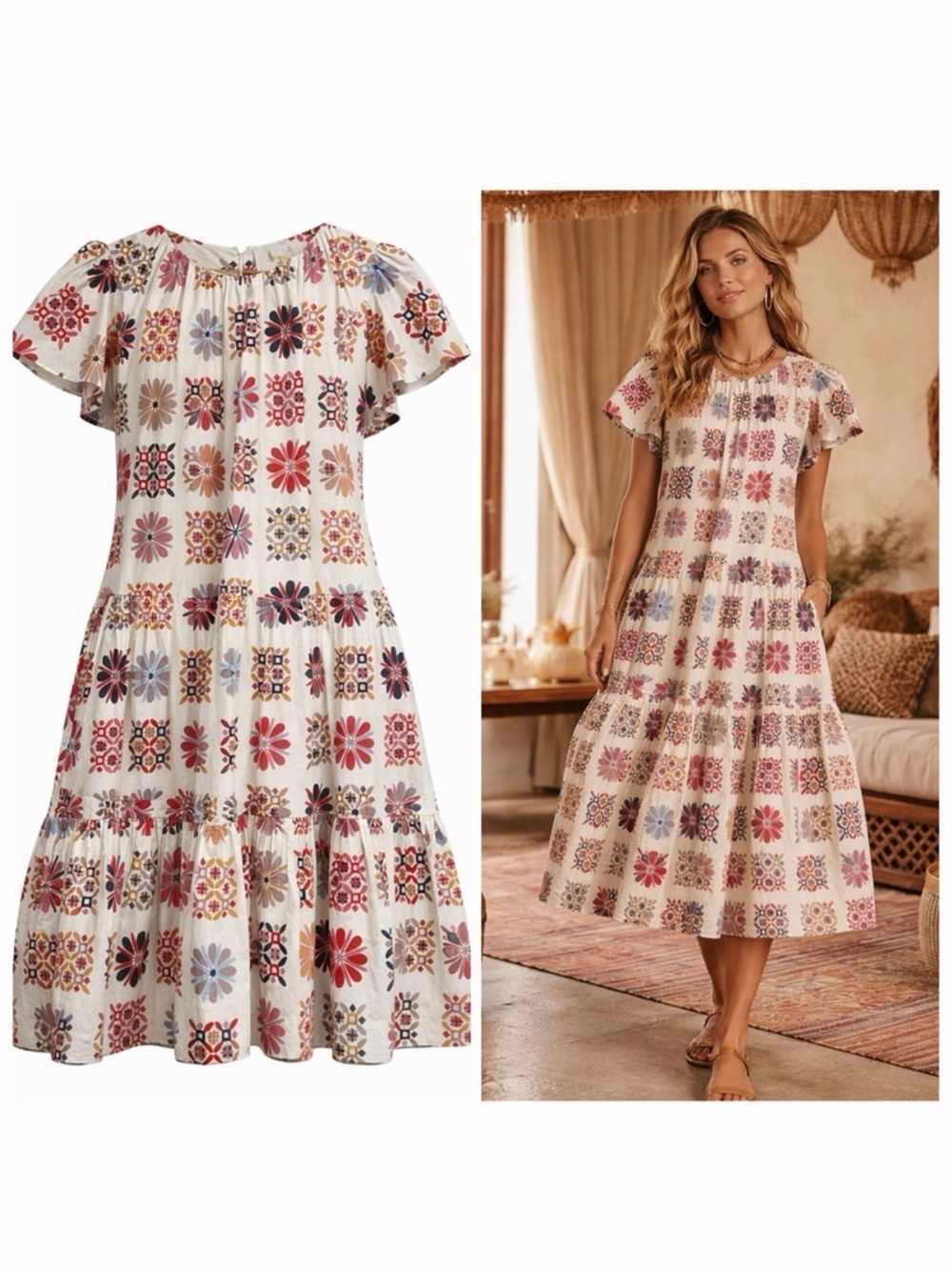 LA DOUBLE J Floral Tile Print Tiered Midi Dress Cotton Medium Boho Multicolor ⚪️